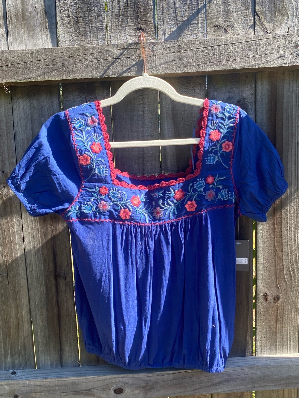Blue Embroidered Peasant Top with Pink Floral Detail